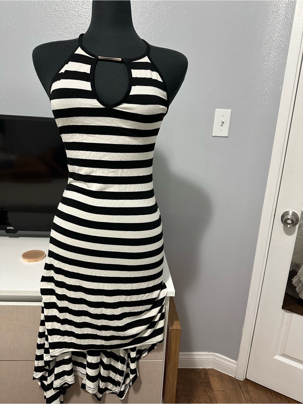 G by Guess Black and White Striped Halter High-Low Dress